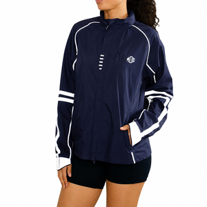 Women Hooded Windbreaker <b>Jackets</b> Track Suit Navy Blue Lightweight <b>Running</b> Shell <b>Reflective</b> Trim Full Zip Custom <b>Jacket</b> for men - Product Image 4