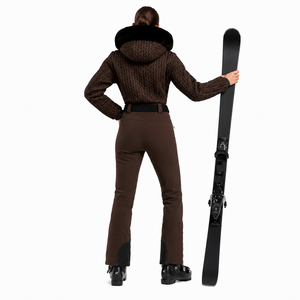 Chaqueta de esquí marrón para mujer con capucha de piel, cierre de cremallera, impermeable, aislamiento sintético para tecnología, 220g, en stock. - Product Image 5