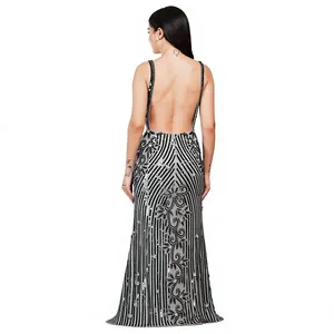 Elegant Mermaid Gown With Deep V-Neck High Slit Sequined Striped Floor-Length Sleeveless Evening <b>Dress</b> - Product Image 2