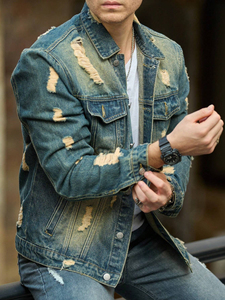 Veste en jean unie pour homme, effet vieilli, avec poche avant, boutons, manches longues, style vintage, entièrement personnalisable - Product Image 1