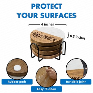 Ensemble de sous-verres en bois et marbre sur le thème d'Halloween avec support, empêche les marques de chaleur du thé chaud, du café et des boissons, en provenance d'Inde - Product Image 4