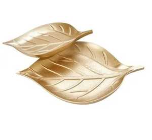 Plateau en métal doré à double feuille, plat à étages en forme de feuille, support de rangement pour clés et bijoux, organisateur de table, vente en gros - Product Image 1
