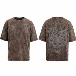 Camiseta de algodón lavado oversize para hombre, manga corta, cuello redondo, diseño de calavera, estilo gótico, tela de jersey, diseño de puntos, camiseta con pedrería - Product Image 1