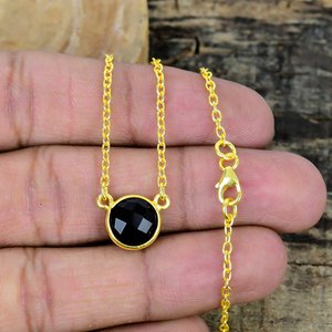 Natural <b>Black</b> Onyx Round Shape Charm Gemstone <b>Chain</b> Necklace 18k Gold Micron Over 925 Sterling Silver - Product Image 2