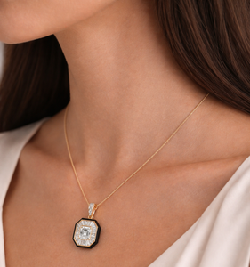 Minimal Lab Grown Diamond Pendant Necklace Art Deco Design 9K 10K Yellow Solid Gold Baguette Asscher Diamond Pendant Necklace - Product Image 6