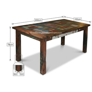 Mesa de comedor DIVADI estilo Java, patchwork, desmontable, de madera recuperada de embarcaciones, diseño sostenible, ecológico, para interiores y exteriores. - Product Image 1