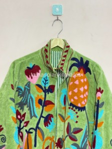 Green Hand Embroidered Floral Jacket Mandarin Collar Full Sleeve Cotton Women's Boho Chic Spring <b>Coat</b> - Product Image 4