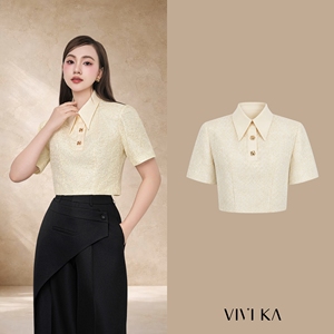 Blusa Corta de Encaje Color Crema para Mujer, Manga Corta, Cuello Camisero, Botones, Estilo Elegante de Oficina, Primavera Verano, Tejido, ELYSIA - Product Image 1