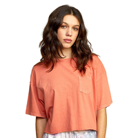 Camiseta Corta de Mujer, Color Coral, Cuello Redondo, Manga Corta, Color Sólido, con Bolsillo, Corte Holgado, Informal, Primavera Verano, 100% Algodón
