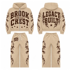 Wholesale Custom Oversized Hoodie Tracksuit Men <b>Women</b> Heavyweight Cotton Fleece Zip Up <b>Jacket</b> and Baggy Sweatpants Puff Print - Product Image 3