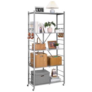 Scaffale Pieghevole a 5 Ripiani 81L X 36P X 183H cm, con 5 Ruote, Unità di Stoccaggio in Metallo Pieghevole, Organizzatore Senza Montaggio per Spezie - Product Image 2