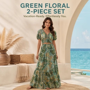 Women Green Floral Print <b>2</b> <b>Piece</b> <b>Set</b> V Neck Ruched Crop <b>Top</b> <b>and</b> Tiered Maxi <b>Skirt</b> - Product Image 1