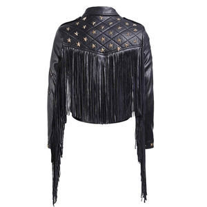 Chaqueta de Cuero Negra para Mujer, Estilo Invernal 2026, Cálida y Elegante, Hecha a Mano, con Tachuelas en Forma de Estrella y Flecos Largos - Product Image 2