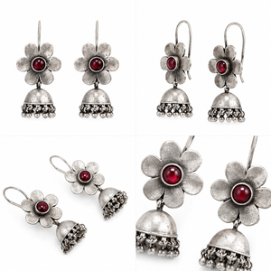 Pendientes Jhumka de Plata Oxidada con Rubíes Estilo Bollywood, MOQ Disponible |   Pendientes Colgantes Estilo Boho Indio |   Aniversario Étnico - Product Image 1