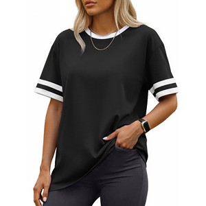 T-shirt Homme Col Rond Noir Coupe Droite Manches Courtes en Maille Lourde Teinte en Fil avec Bordure Blanche Contrastante Couleur Unie Décontracté - Product Image 2