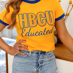 Camisetas al por mayor para estudiantes de HBCU, con ribete amarillo y azul, manga corta, de algodón jersey, cuello redondo, corte regular - Product Image 6