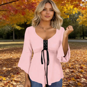 Oferta especial en Temu: Blusa elegante para mujer con cuello en V, detalles de encaje negro, manga 3/4, corte asimétrico y holgado. - Product Image 2