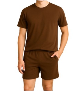 Ensemble T-shirt et short pour homme, couleur unie marron, col rond, manches courtes, décontracté, été, tricoté, vêtements de sport, 100% coton, séchage rapide, 220g - Product Image 1