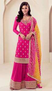 Salwar Kameez ethnique en viscose chinon et broderies, travail de Zari et de sequins, ensemble Salwar Anarkali Kurta avec pantalon et dupatta - Product Image 2