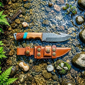 Couteau de chasse à lame fixe en acier Damas fait main, manche en bois, étui en cuir, équipement d'extérieur, pointe tombante de qualité supérieure, bord droit 8 - Product Image 4