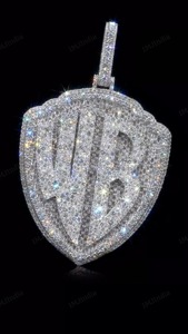 Colgante con Logotipo Personalizado |   Colgante de letra WB con incrustaciones de moissanita baguette |   Iniciales Personalizadas |   Joyería Hip Hop Plateada | - Product Image 3
