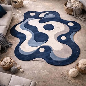 Tapis abstrait bleu et blanc, forme irrégulière, en laine douce, tufté à la main, tapis moderne pour salon, chambre, décoration intérieure unique. - Product Image 2