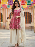 Ensemble Kurta Palazzo Dupatta en Rayonne Imprimée Numérique pour Femme, Broderie Traditionnelle, Coupe Droite, Longueur Genou, Séchage Rapide, Style Indien et Pakistanais