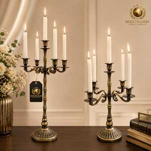 Antique <b>Brass</b> 5 Arms <b>Lantern</b> Embossed Metal Taper Candle Stand Vintage Wedding Christmas Centerpiece Wholesale Supplier - Product Image 1