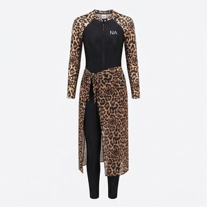 Ensemble de yoga sans couture à imprimé léopard North Approach, longueur intégrale, avec ceinture à nouer soi-même et fermeture éclair sur le devant pour femmes - Product Image 1