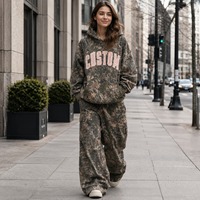 Ensemble survêtement femme personnalisé imprimé camouflage, sweat à capuche et pantalon amples, respirant, tricoté, manches longues, longueur longue, pour l'automne