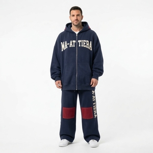 Men Navy Blue <b>Red</b> Zip Up <b>Hoodie</b> Wide Leg Pants Set Contrast Knee Panel Stud Detail Streetwear Tracksuit Custom OEM ODM - Product Image 1