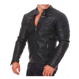 Men's Black PU Leather Biker Jacket <b>Slim</b> Fit Stand Collar <b>Belted</b> Zipper Closure Moto Style Winter Wear Quick Dry Coated - Product Image 4