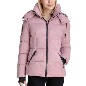 Chaqueta de Invierno Acolchada Rosa para Mujer con Capucha Desmontable, Cierre de Cremallera, Manga Larga, Color Sólido, Relleno Grueso de Poliéster - Product Image 1