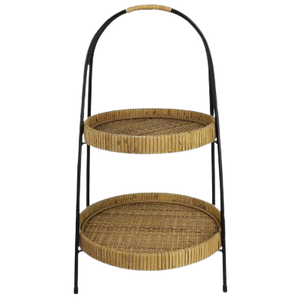 Support à gâteau en bois à deux niveaux, forme ronde avec anneau de poignée en métal - Product Image 4