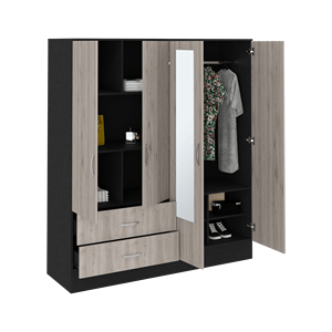 Armadio Bolton 160 a Sei Ripiani con Doppia Porta, Due Specchi, Due Cassetti, Grigio Chiaro/Nero Lucido, Guardaroba con Caratteristiche Eleganti - Product Image 6