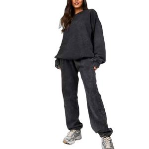 Traje de mujer de lavado ácido de alta calidad, ropa de calle personalizada con estampado de talla grande, dobladillo recortado para hombre, Conjunto de sudadera con capucha y pantalones de chándal 2026 - Product Image 4