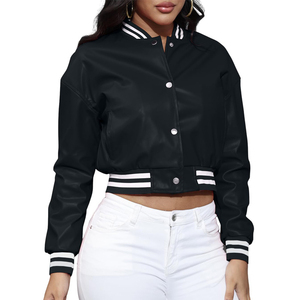 <b>Pink</b> PU Leather Varsity <b>Jacket</b> Women's Short Cropped Full Sleeve Turn-down Collar Solid Color Contrast Trim Autumn Wear - Product Image 2