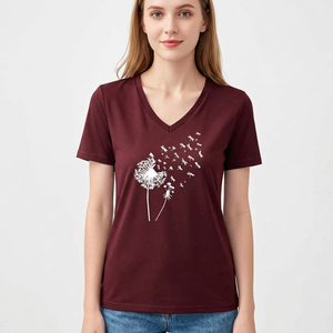 เสื้อยืดคอวีพิมพ์ลายกราฟิกตามสั่งสำหรับผู้หญิง ผ้าฝ้ายเรียบ แขนสั้น ทรงเข้ารูป เสื้อผู้หญิงสไตล์อาร์ติสติก ผู้ผลิต - Product Image 2