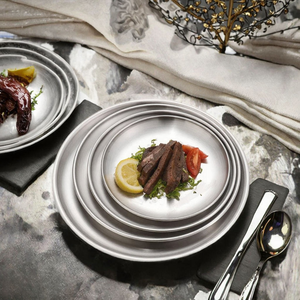 Reusable Vintage Plant Pattern Camping Use <b>Brushed</b> Stainless Steel 18/8 Silver Color Heavy Duty <b>Round</b> Dinner Plate - Product Image 3