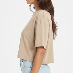 Women's Beige Crop <b>Top</b> Drop Shoulder O-Neck Loose Fit Casual Solid Color Short Sleeve Knitted T-Shirt with Logo - Product Image 3