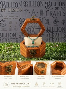 Hexagon Wooden <b>Jewelry</b> <b>Box</b> Handmade Vintage Style <b>With</b> Brass <b>Lock</b> And Pearl Necklace Display - Product Image 2