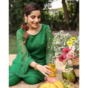 Conjunto de Kurta de Crepé Transpirable Verde Brillante para Mujer, Talla XS - Product Image 6