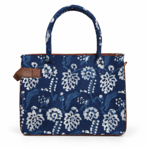 Sac fourre-tout imprimé floral bleu et blanc pour femmes avec poignées marron, grand sac à bandoulière pour le quotidien et le shopping - Product Image 3