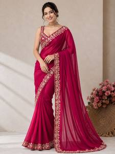Sari Vichitra de créateur avec broderie C Pallu, motif à séquence codée et bordure découpée, accompagné d'un chemisier Vichitra - Product Image 2