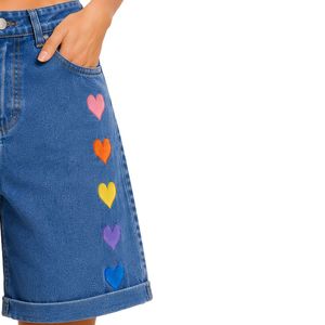 Shorts de Mezclilla para Mujer con Bordado de Corazón Arcoíris Azul, Cintura Alta, Corte Holgado Informal, Dobladillo Enrollado, Algodón, Moda Verano - Product Image 4