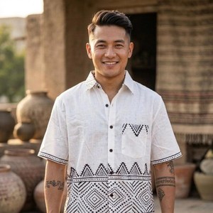 เสื้อเชิ้ตแขนสั้นผ้าฝ้าย Khadi ทำด้วยมือสำหรับผู้ชายเสื้อเชิ้ตลายชนเผ่าเรขาคณิตพิมพ์ขอบและรายละเอียดกระเป๋าเป็นมิตรกับสิ่งแวดล้อม - Product Image 1