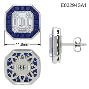 Pendientes de Oro Blanco de 18K con Zafiro Azul Natural y Diamantes Baguette Cuadrados con Halo, Estilo Art Deco Vintage para Banquetes de Negocios de Alta Gama - Product Image 4