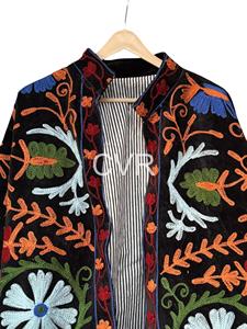 Abrigo de terciopelo bordado estilo bohemio con estampado floral, cuello mandarín, talla grande, ropa de abrigo de otoño para mujer - Product Image 2