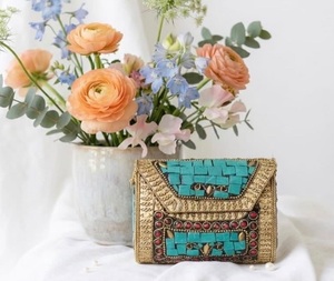 Stone Clutch <b>Bag</b> with Metal <b>Silver</b> <b>Evening</b> Ready to Ship Fashionable Resin Brass Mosaic Zipper Closure Mother's Day Handmade - Product Image 1