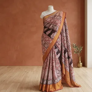 Sari indien traditionnel en soie, motif Kalamkari dessiné à la main, imprimé floral roux, pour usage quotidien et festivals ethniques - Product Image 5
